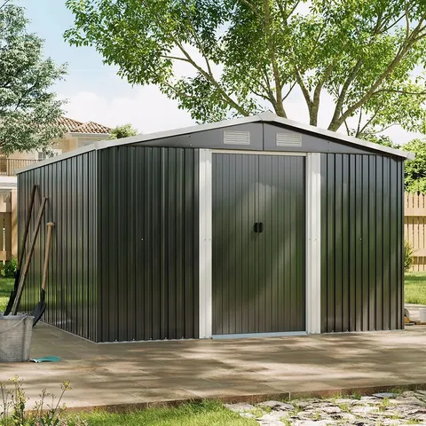 BOXED 10FT W × 12FT D METAL APEX GARDEN SHED OUTDOOR STORAGE HOUSE (4 BOXES)