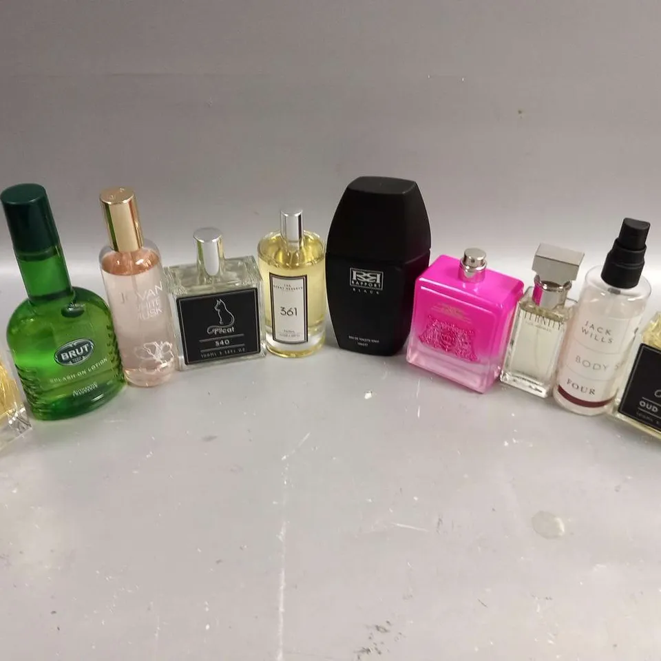 APPROXIMATELY 10 UNBOXED FRAGRANCES TO INCLUDE; BRUT, JOVAN, RAPPORT, VIVA LA JUICY, CALVIN KLEIN AND JACK WILLIS