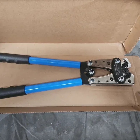 Blue-handled hand crimping tool with adjustable jaws