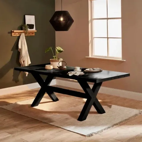 BOXED GRACELA CROSS LEG EXTENDABLE DINING TABLE - BLACK OAK (2 BOXES)