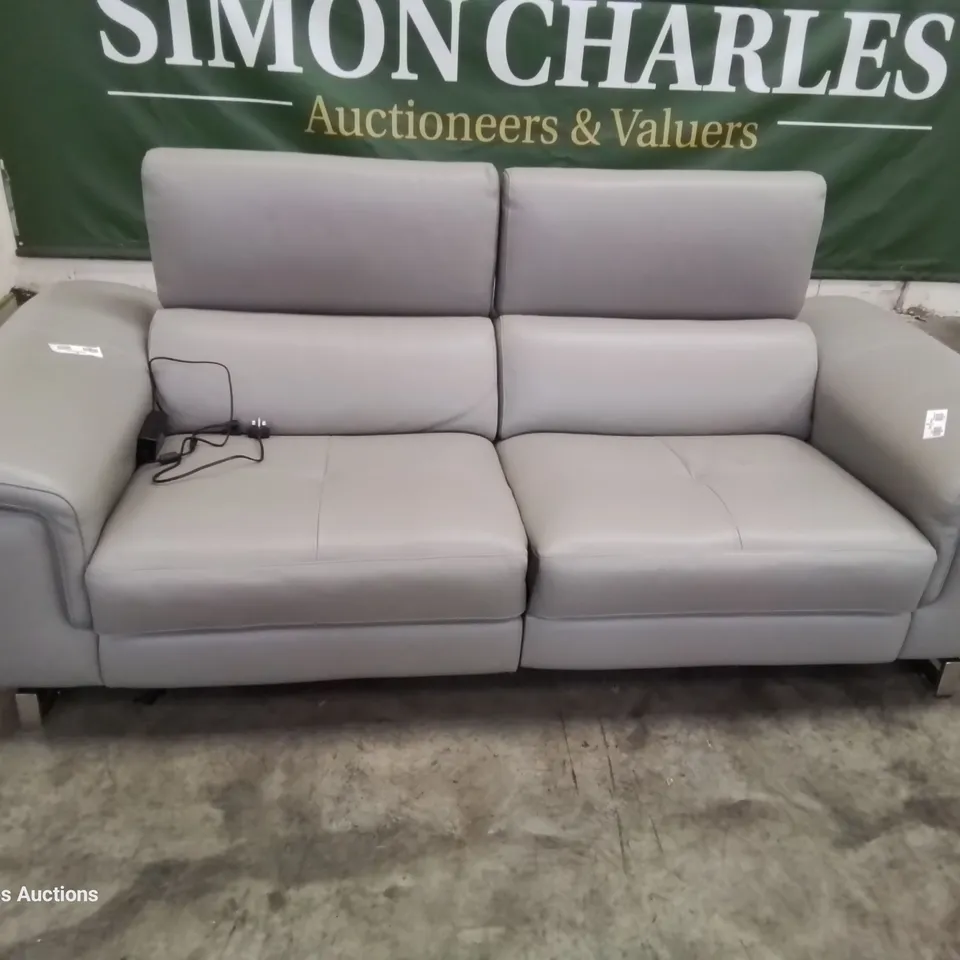 QUALITY ITALIAN DESIGNER LUCIO POWER RECLINING THREE SEATER SOFA WITH ADJUSTABLE HEADRESTS GREY LEATHER 