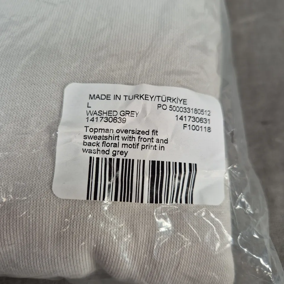 TOPMAN OVERSIZED FIT SWEATSHIRT – WASHED GREY, SIZE L, FLORAL MOTIF (FRONT & BACK PRINT)