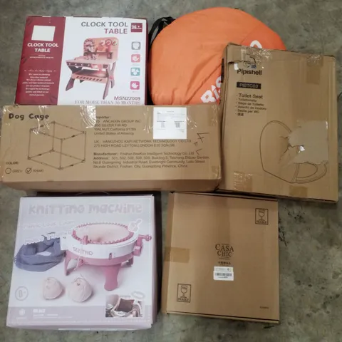 PALLET CONTAINING ASSORTED PRODUCTS INCLUDING TOILET SEAT, POPUP TENT, PHOTO FRAMES, KNITTING MACHINE, DOG CAGE & CLOCK TOOL TABLE PLAYSET
