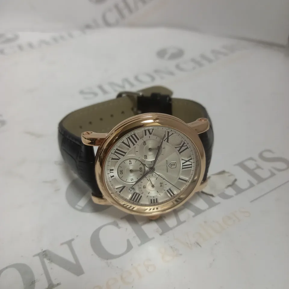 MENS LOUIS LACOMBE CHRONOGRAPH WATCH – MULTI FUNCTION DIAL WITH DATE – ROMAN NUMERAL DIAL – LEATHER STRAP 