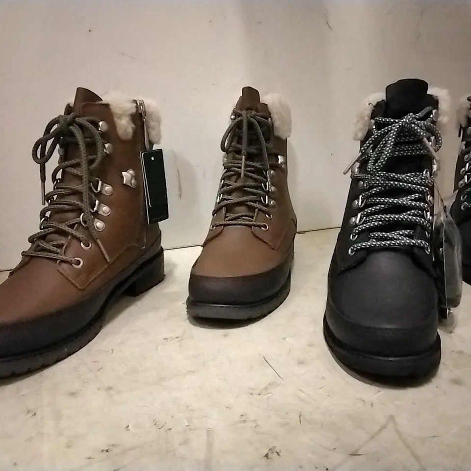 BOXED UNISEX EMU AUSTRALIA OKAB BOOTS , 1 PAIR OAK SIZE 9 , 3 PAIRS BLACK SIZE 3