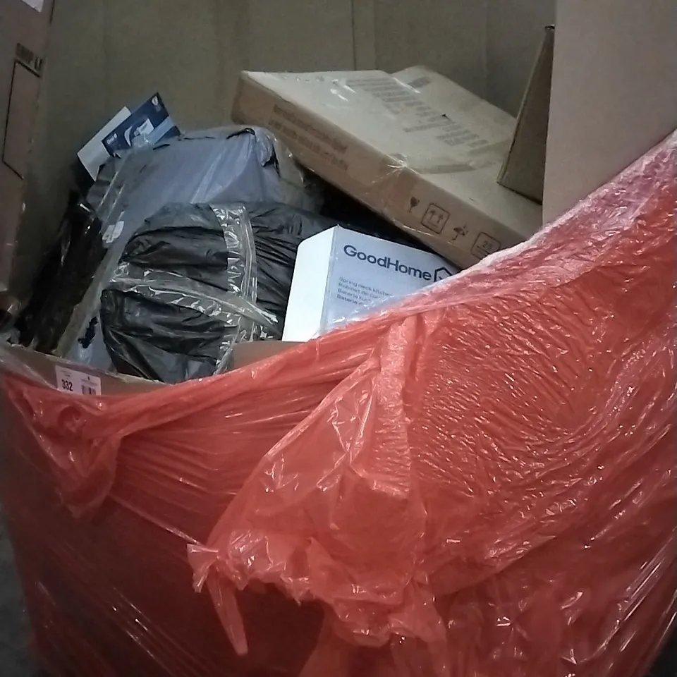 PALLET OF ASSORTED ITEMS INCLUDING, RETRAVFABLE SAFETY GATE, SPRJNB NECK KITCHEN MIXER TAP, FOLDKNG SADK TRUCK, FABRIC LINEN BOX., 