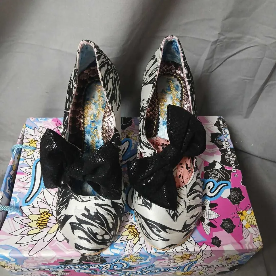 IRREGULAR CHOICE WINDSOR ZEBRA PRINT HEELS WITH BLACK BOW – UK 5 (EU 38)