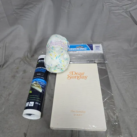 APPROXIMATELY 15 ASSORTED HOUSEHOLD ITEMS TO INCLUDE ENGINEERS SQUARE, WOOL, SUNDAY DIARY, DECK CUALK ETC