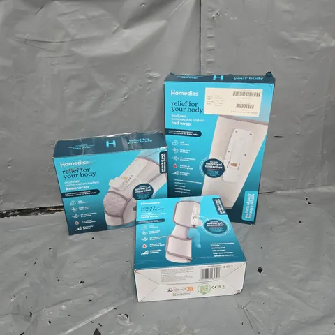 APPROXIMATELY 10 ASSORTED HOMEDICS PRODUCTS TO INCLUDE MODULAIR COMPRESSION SYSTEM KNEE WRAP, HAND WRAP, CALF WRAP, ETC