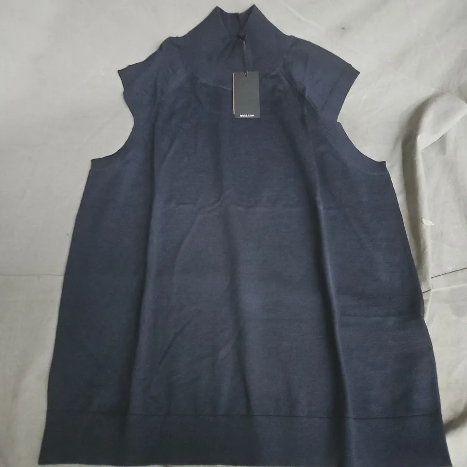 HUGO BOSS SUPERFINE MERINO SLEEVELESS KNIT TOP – NAVY – UK L