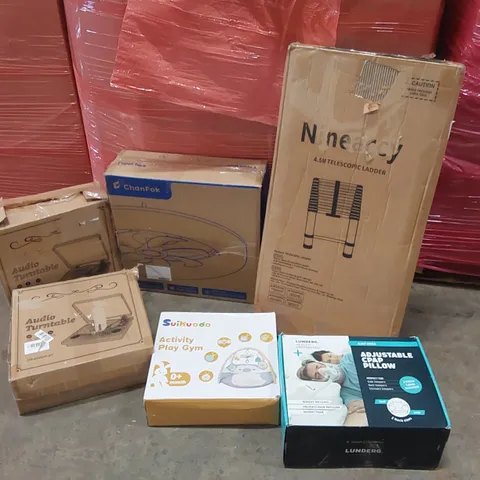 PALLET OF ASSORTED ITEMS INCLUDING: AUDIO TURNTABLES, 4,5M TELESCOPIC LADDER, ADJUSTABLE CPAP PILLOW, FAN LIGHT, BABY ACTIVITY PLAY GYM ECT