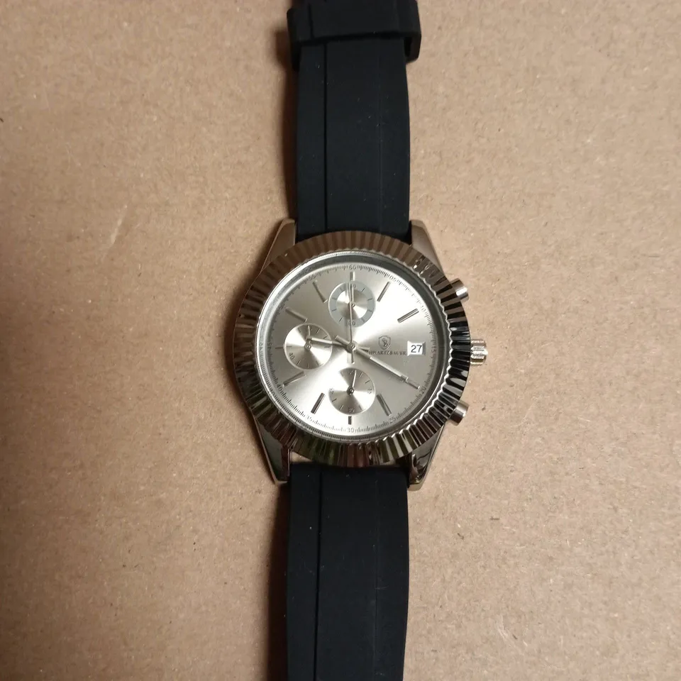 BOXED SCHWARTZBAUER CHRONOGRAPH WRISTWATCH – SILVER DIAL, BLACK RUBBER STRAP