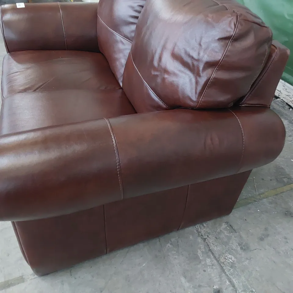 DESIGNER TWO SEATER SCROLL ARM SOFA CHESTNUT LEATHER 