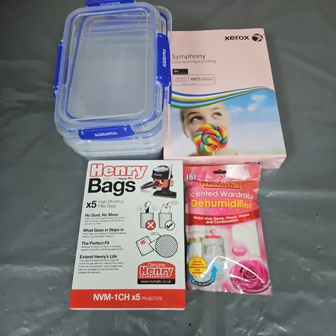 BOX OF APPROXIMATELY 12 ASSORTED HOUSEHOLD ITEMS TO INCLUDE - SISTEMA TUPPERWARE - XEROX SYMPHONY PINK PAPER - HENRY HOOVER BAGS - ETC