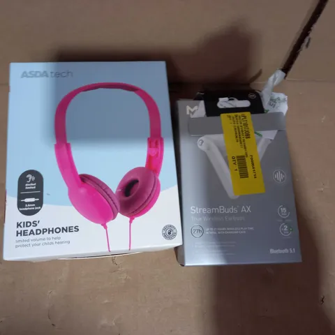 BOX OF APPROXIMATELY 10 ASSORTED ELECTRICAL ITEMS TO INCLUDE ASDA TECH KIDS HEADPHONES, MIXX STREAMBUDS AX WIRELESS EARBUDS, ETC
