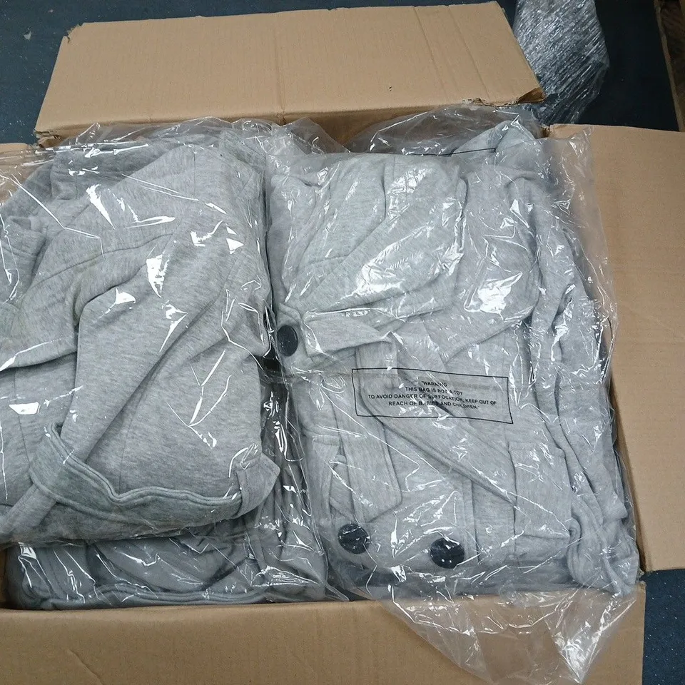 APPROXIMATELY 30 LARGE BUTTON JACKETS WITH BELT - GREY - ASSORTED SIZES AND STYLES