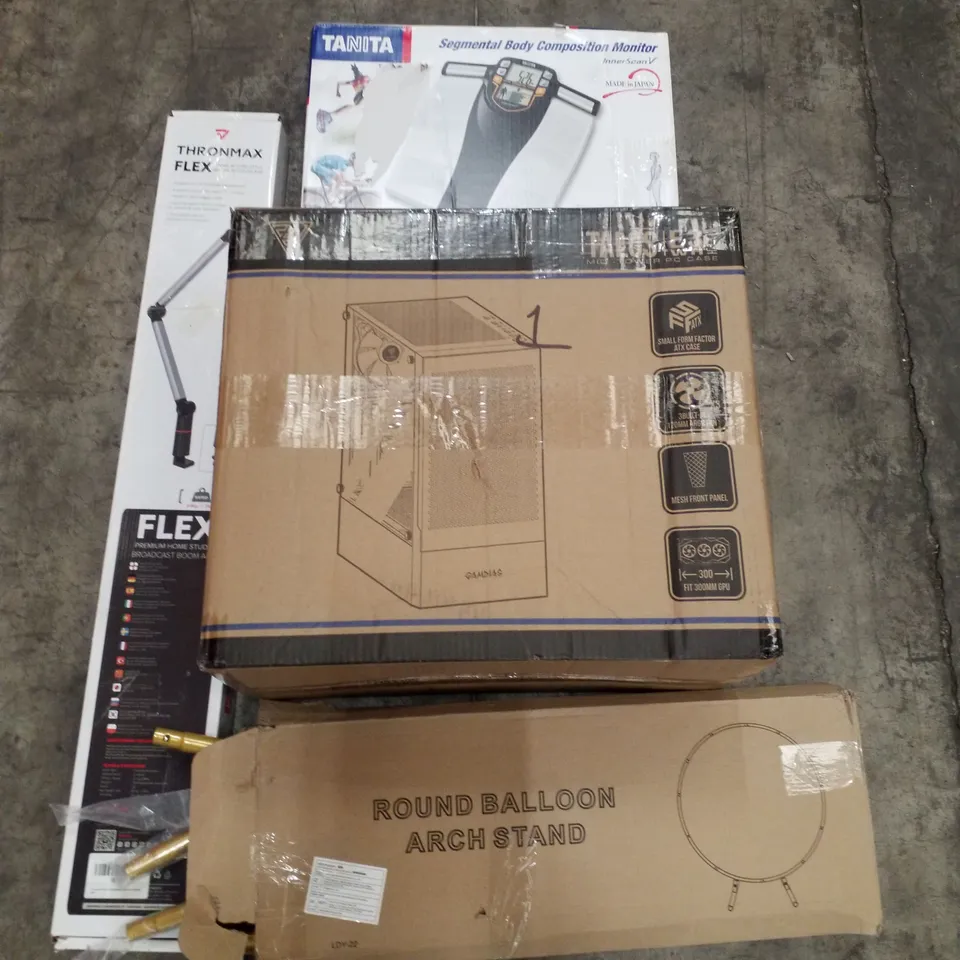 PALLET OF ASSORTED PRODUCTS INCLUDING SEGMENTAL BODY COMPOSITION MONITOR, ROUND BALLOON ARCH STAND, PC CASE, HOME STUDIO BROADCAST BOOM ARM