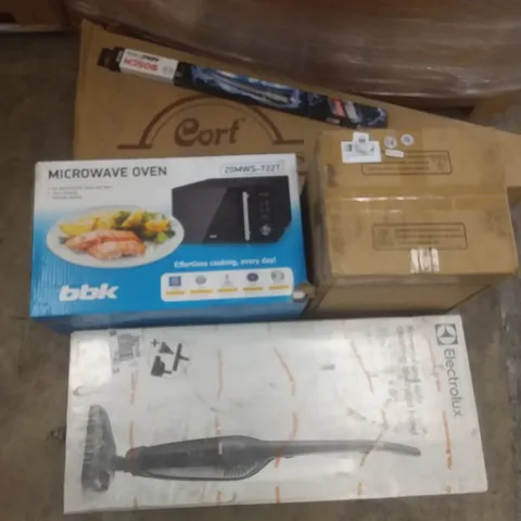 PALLET OF ASSORTED ITEMS INCLUDING CORT GUITARS & BASSES, BBK MICROWAVE OVEN, ELECTROLUX STICK VACCUM CLEANER, BOSCH AEROTWIN, YJINGRUI CUP SEALER, MOBICOOL COOLER