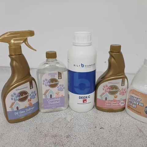 APPROXIMATELY 12 ASSORTED HOUSEHOLD ITEMS TO INCLUDE BILT HAMBER DEOX-C, FURBULOSA PET URINE DESTROYER, KITCHEN OIL CLEAN UP, ETC - COLLECTION ONLY