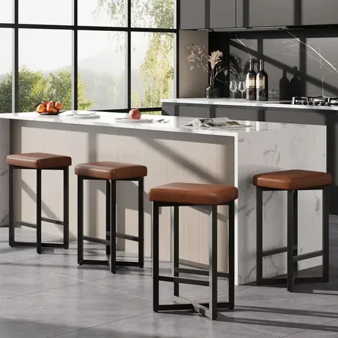 BOXED GARVEE BAR STOOLS SET OF 4 UPHOLSTERED COUNTER HEIGHT BAR STOOLS WITH METAL FRAME & FOOTREST MODERN BACKLESS KITCHEN BARSTOOLS 24.6 IN BROWN