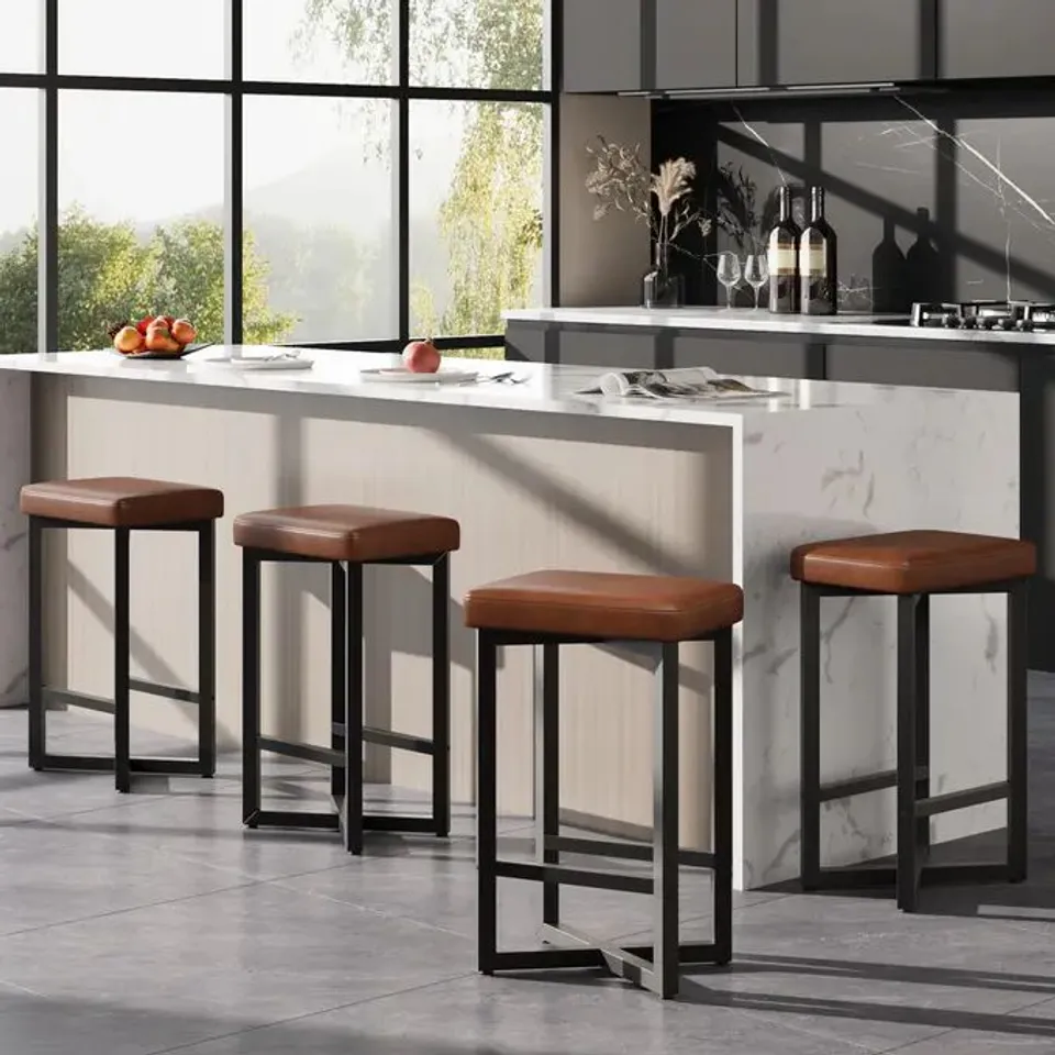 BOXED GARVEE BAR STOOLS SET OF 4 UPHOLSTERED COUNTER HEIGHT BAR STOOLS WITH METAL FRAME & FOOTREST MODERN BACKLESS KITCHEN BARSTOOLS 24.6 IN BROWN