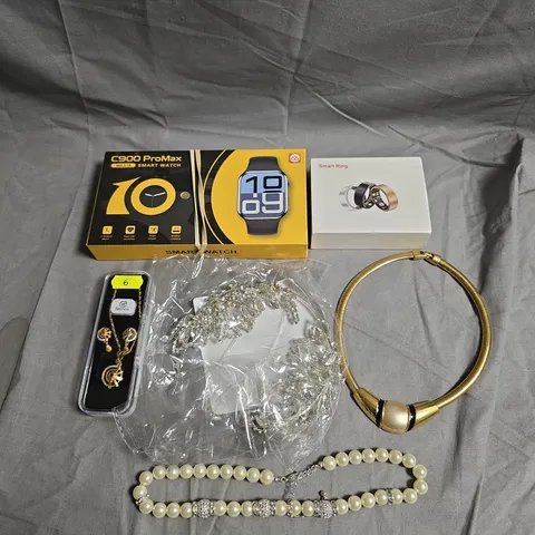 APPROXIMATELY 15 ASSORTED JEWELLERY PRODUCTS TO INCLUDE NECKLACES, SMARTWATCH, SMART RING ETC