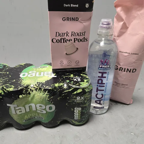 APPROXIMATELY 6 ASSORTED DRINKS ITEMS TO INCLUDE - TANGO APPLE , GRIND DARK ROAST ETC