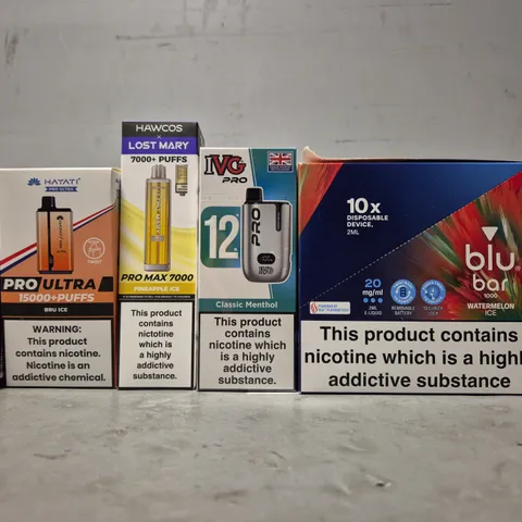APPROXIMATELY 20 ASSORTED E-CIGARETTE PRODUCTS TO INCLUDE - BLU BAR , IVG PRO 12 , LOST MARY ETC