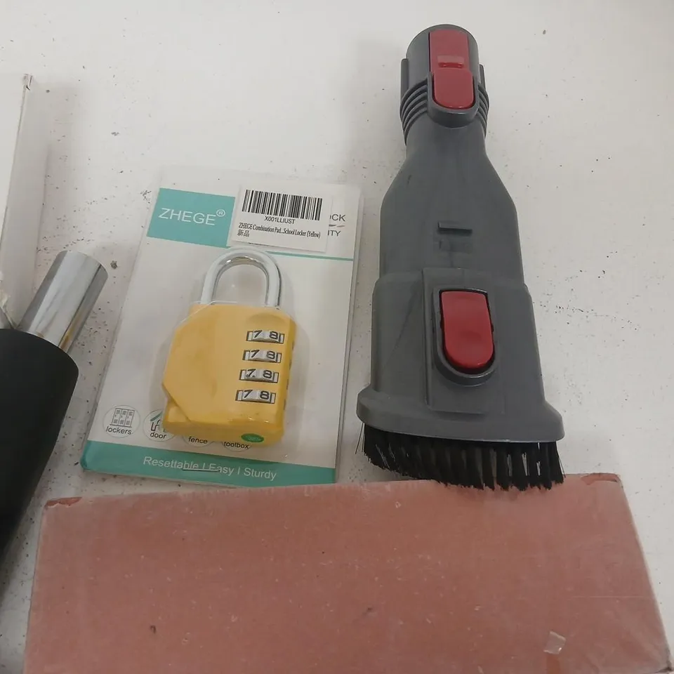 ASSORTED TOOLS & HARDWARE LOT: HOT GLUE STICKS, PADLOCK, WIPES, GLOVES, AIR FRESHENERS