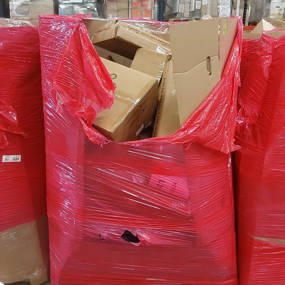 PALLET OF ASSORTED HOUSEHOLD ITEMS AND CONSUMER PRODUCTS TO INCLUDE; BOOSTER SEAT, PIZZA PEEL, BOXED FURNITURE ETC 
