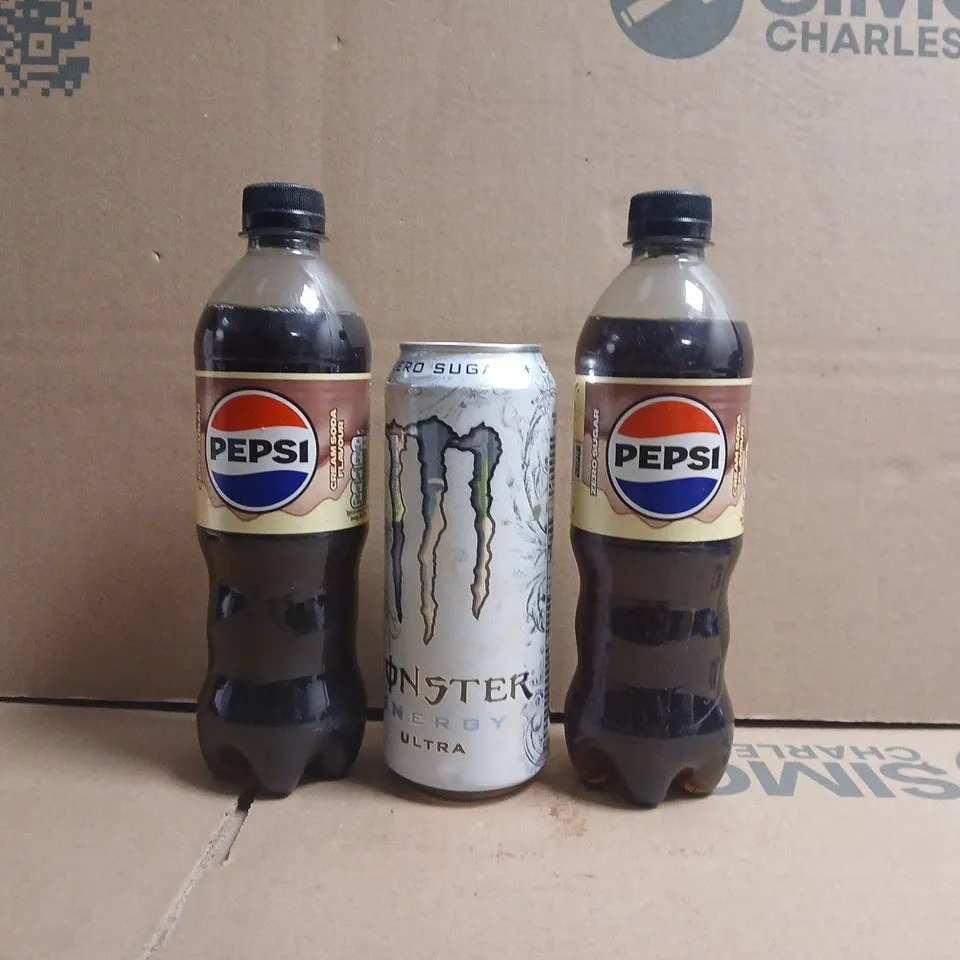 APPROXIMATELY 10 ASSORTED FOOD AND DRINK ITEMS TO INCLUDE MONSTER, PEPSI, ETC