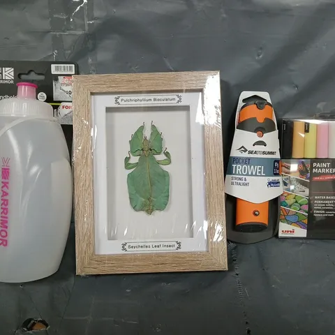 APPROXIMATELY 10 ASSORTED ITEMS TO INCLUDE - KARRIMOR HANDHLED BOTTLE , POCKET TROWEL , PAINT MARKERS ETC