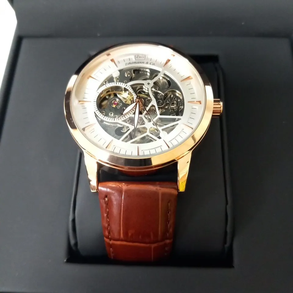 MENS ZIHLMANN & CO AUTOMATIC WATCH - Z210 – SKELETON DIAL – GOLD COLOUR CASE – GENUINE LEATHER CASE – HAND ASSEMBLED 