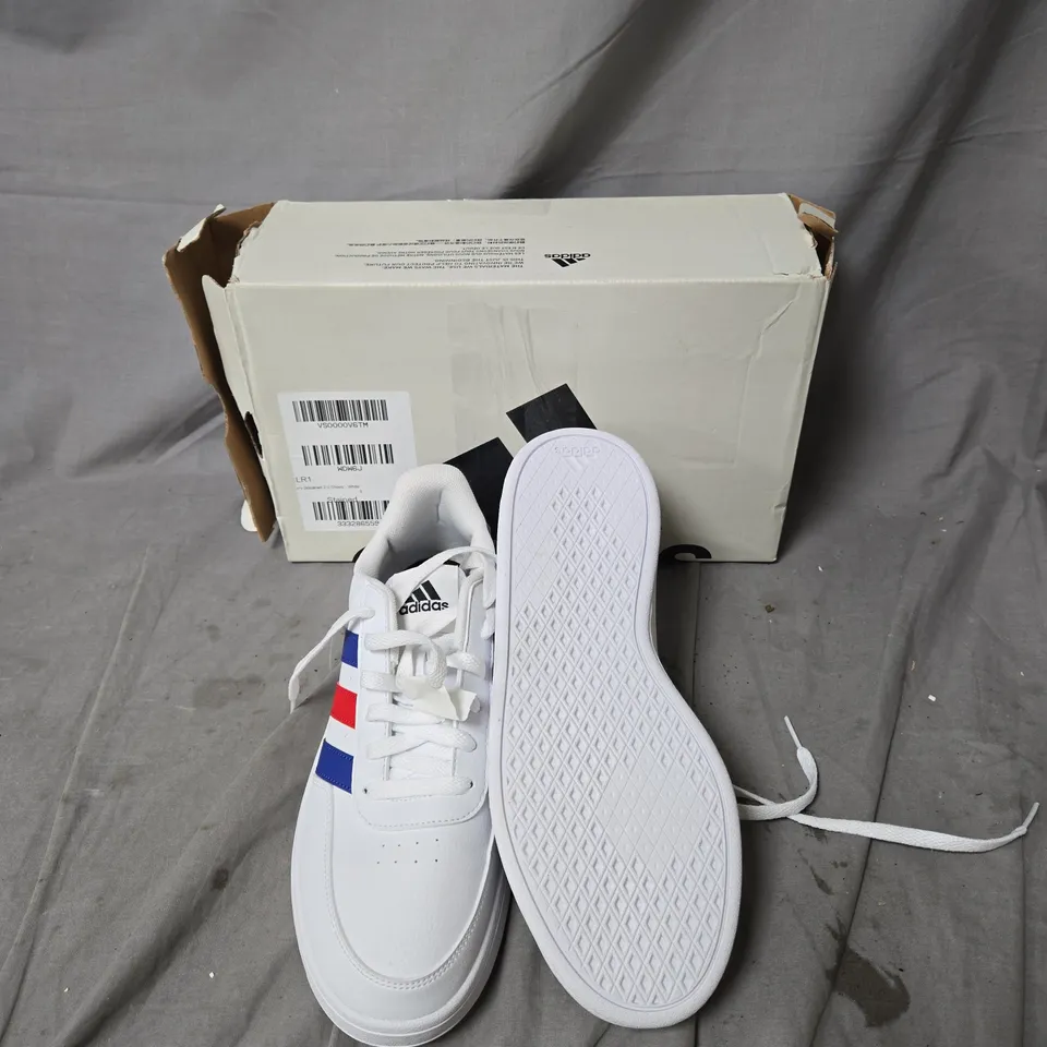 ADIDAS WHITE SNEAKERS WITH RED & BLUE STRIPES - UK SIZE 8