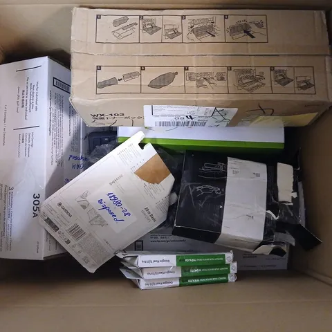 LARGE BOX OF ASSORTED ITEMS TO INCLUDE PRINTER CARTRIDGES , HOSE HEADS AND SCREEN PROTECTORS