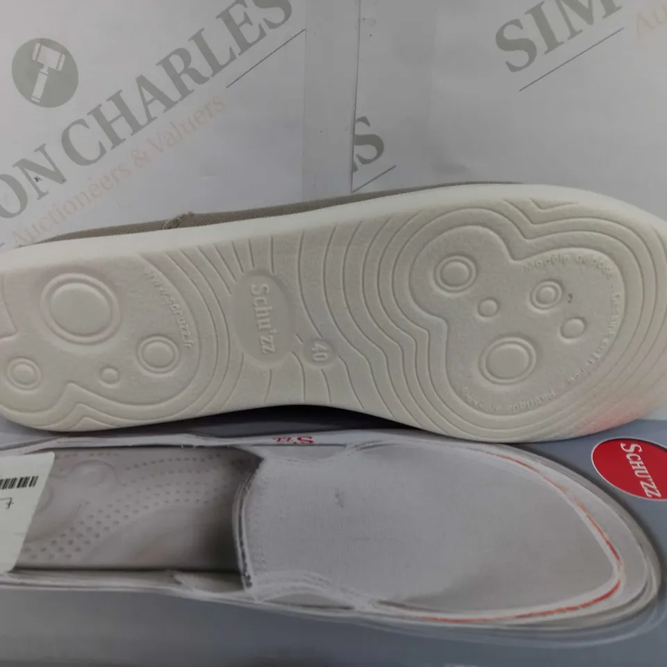 BOXED PAIR OF SCHUZZ SLIP ON SHOES IN STONE COLOUR - EU 40