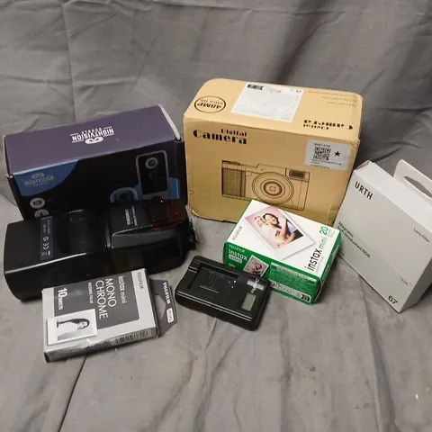 APPROXIMATELY 9 ASSORTED CAMERAS & ACCESSORIES TO INCLUDE DIGITAL CAMERA, INSTAX MINI FILM, YONGUO SPEEDLITE, ETC