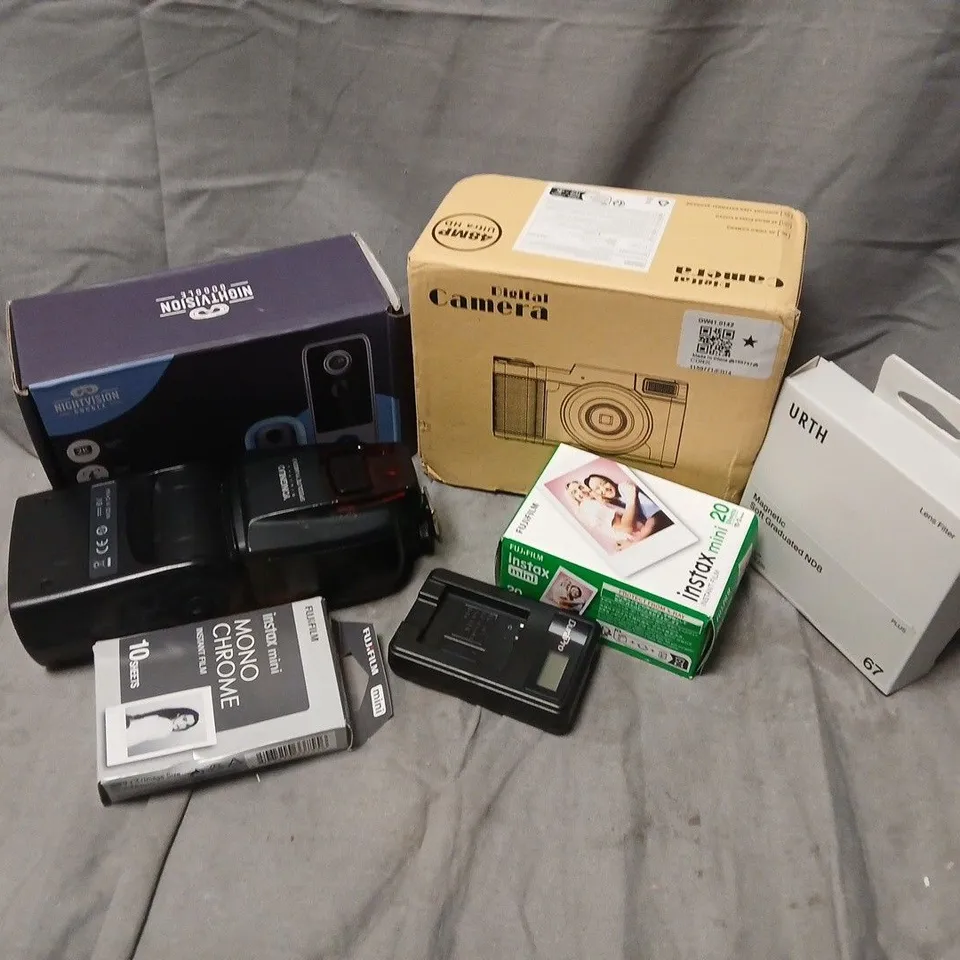 APPROXIMATELY 9 ASSORTED CAMERAS & ACCESSORIES TO INCLUDE DIGITAL CAMERA, INSTAX MINI FILM, YONGUO SPEEDLITE, ETC