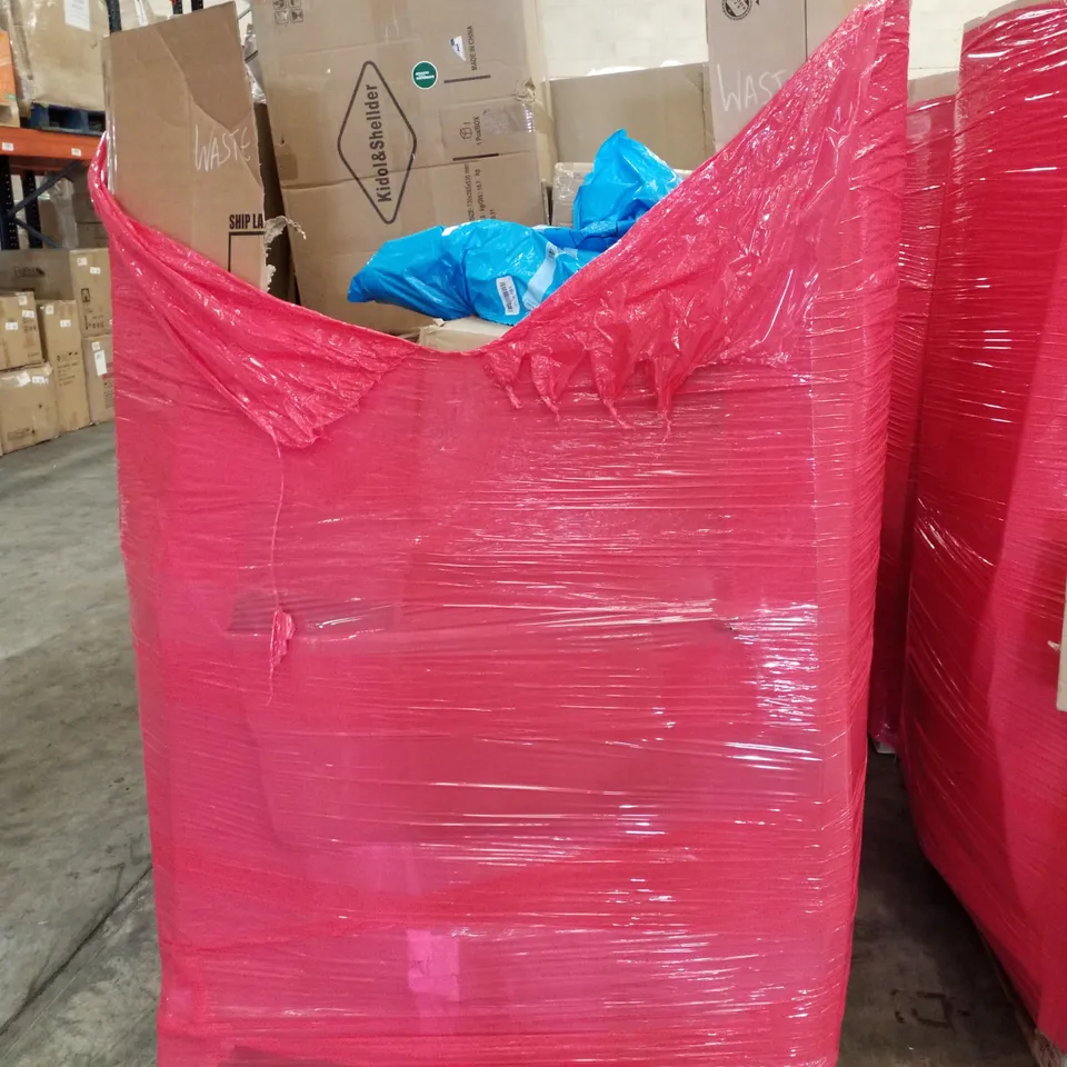 PALLET OF ASSORTED PRODUCTS INCLUDING SHOWER CADDY, DUMBBELL BENCH, WAGON CART, OFFICE CHAIR 