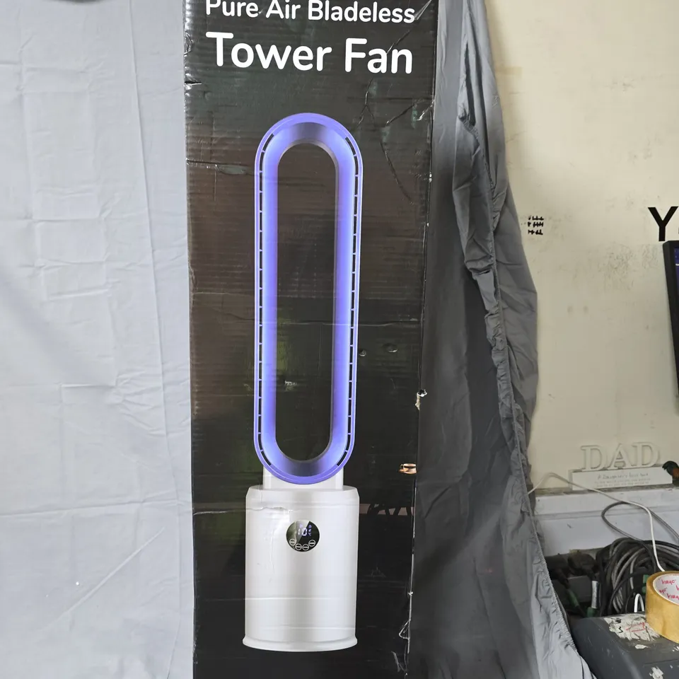 BLISS & BEYOND PURE AIR BLADELESS TOWER FAN – BLUE RING, BOXED