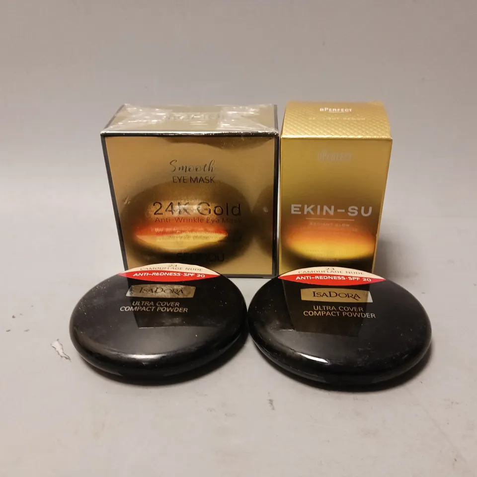 4 ASSORTED BEAUTY PRODUCTS TO INCLUDE BPERFECT EKIN-SU SKIN PERFECTOR, SEOMOU 24K GOLD ANTI-WRINKLE EYE MASK, ISADORA ULTRA COVER COMPACT POWDER IN CAMOUFLAGE NUDE