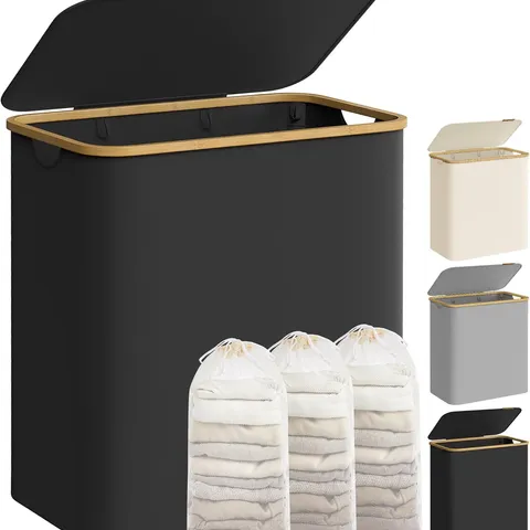 BOXED SONGMICS LAUNDRY BASKET WITH LID, 3-SECTION LARGE LAUNDRY HAMPER, 150L, REMOVABLE MESH LINER, OXFORD FABRIC, BAMBOO HANDLES, COLLAPSIBLE, 60 X 38.5 X 70.5 CM, INK BLACK