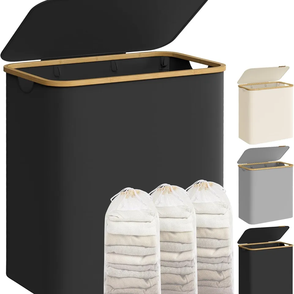 BOXED SONGMICS LAUNDRY BASKET WITH LID, 3-SECTION LARGE LAUNDRY HAMPER, 150L, REMOVABLE MESH LINER, OXFORD FABRIC, BAMBOO HANDLES, COLLAPSIBLE, 60 X 38.5 X 70.5 CM, INK BLACK