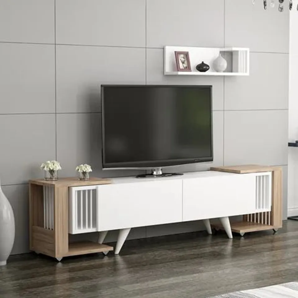 BOXED LERON TV UNIT WITH NESTING TABLE COLOUR: WHITE AND TAUPE 