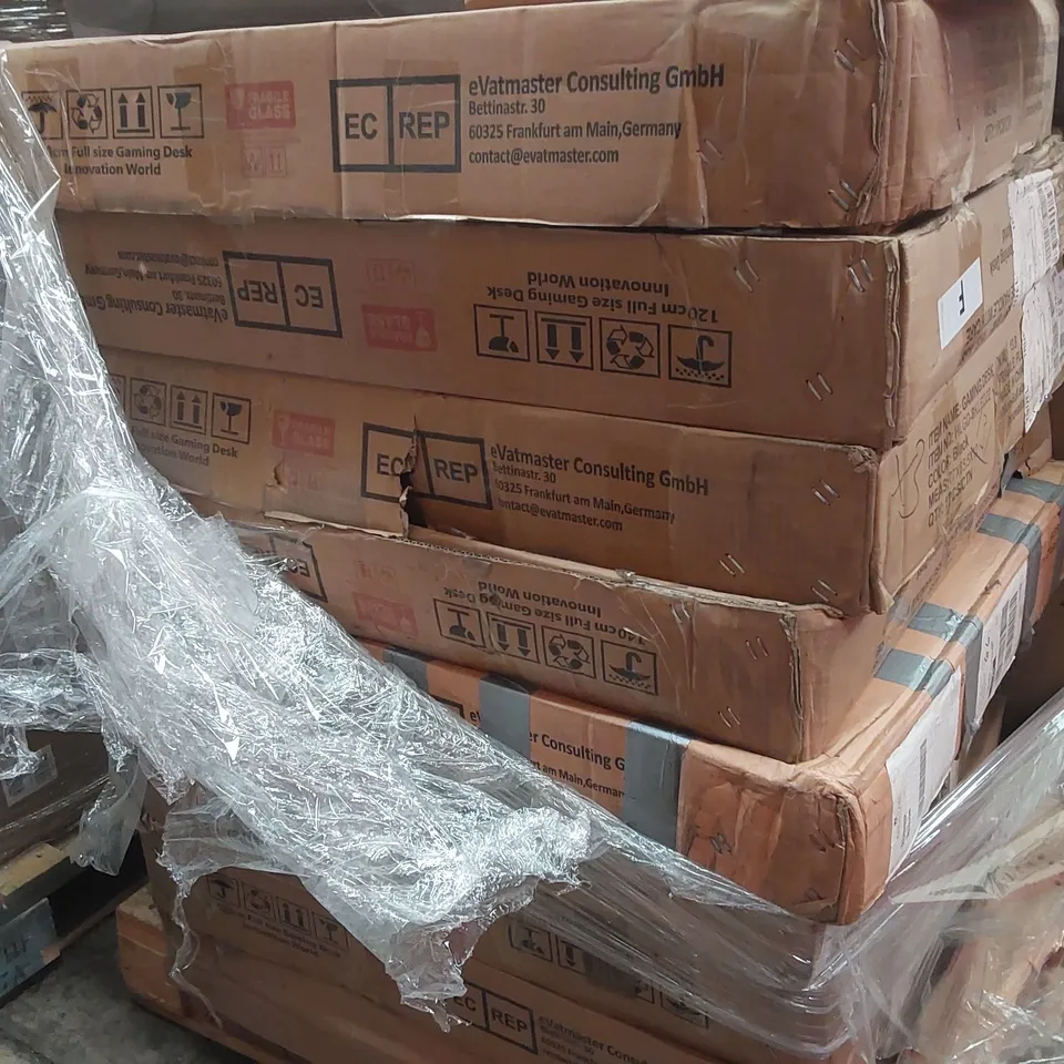 PALLET CONTAINING A LARGE ASSORTMENT OF CONSUMER PRODUCTS INCLUDING: FULL SIZE GAMING DESKS, BATHROOM SINK, ASSORTED CABLES ECT