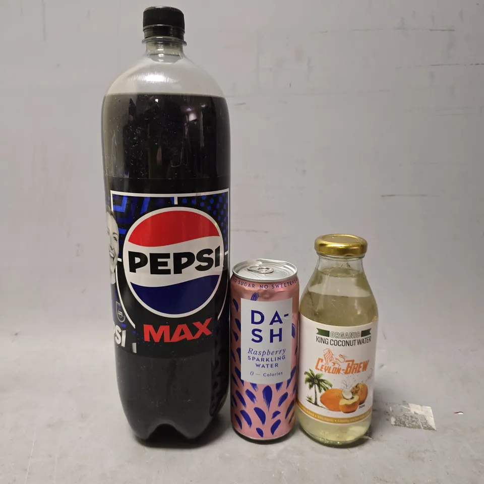 APPROXIMATELY 7 ASSORTED DRINK ITEMS TO INCLUDE - PEPSI MAX , DA-SH SPARKLING WATER , KING COCONUT WATER ETC