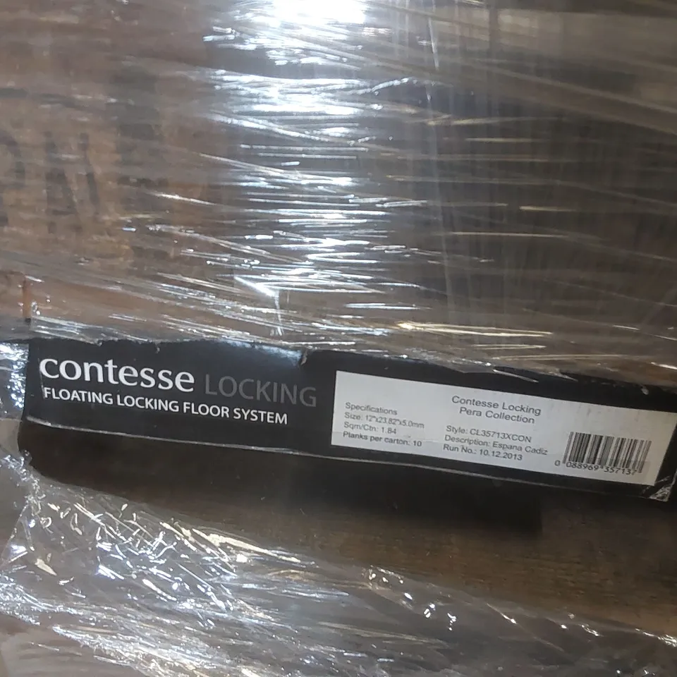 PALLET CONTAINING A VERY LARGE QUANTITY OF ASSORTED VINYL FLOORING INCLUDING: CONTESSE FLOATING FLOOR SYSTEM BLEACHED PINE, ESPANA CADIZ, SWEDISH PINE LIGHT ECT