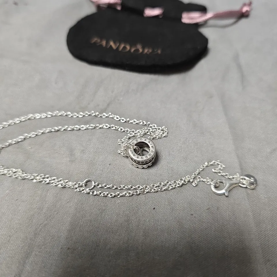 PANDORA SILVER S925 NECKLACE WITH ROUND PAVÉ BEAD CHARM – INCLUDES BLACK VELVET POUCH