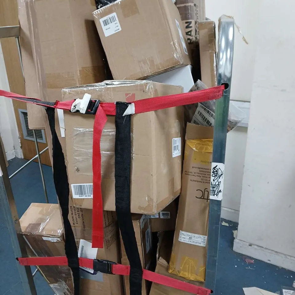 ASSORTED BOXED GOODS ON WHEELED TROLLEY – BULK LOT - ASSORTED BOXED GOODS ON WHEELED TROLLEY – MIXED LOT VARIOUS BROKEN AND DAMAGED ITEMS LARGE QUANTITY .