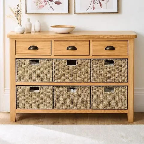 ASHWIN READY ASSEMBLED 3 DRAWER, 6 BASKET SIDEBOARD IN RUSTIC OAK - COLLECTION ONLY